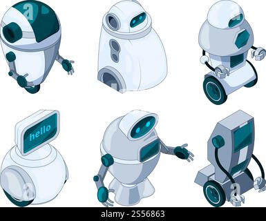 Robots assistant. Colored isometric pictures robot electronic, equipment robotic. Vector illustration. Robots assistant. Colored isometric pictures Stock Vector