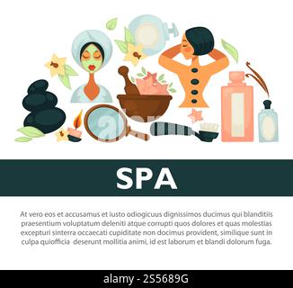 Oriental spa procedures for health and beauty promotional banner. Massage with hot stones, organic masks, soft lotions and aromatic candle cartoon flat vector illustrations on white background.. Oriental spa procedures for health and beauty promotional banner Stock Vector