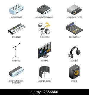 Communication devices and multimedia connection adapters for sound and video system appliances. Vector isolated icons of speaker, microphone and headphones amplifier, computer monitor and power source. Communication devices and connection adapters or sound and video system controllers vector isolated icons Stock Vector