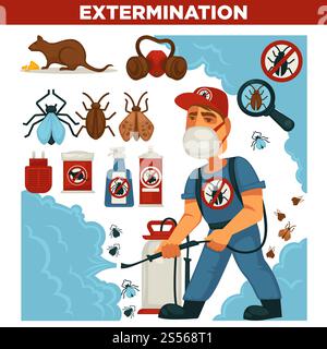 Extermination or pest control service and sanitary domestic disinfection vector flat design poster. Disinfector man with disinfectant liquid or gas spray against mouse rats, cockroaches and mite insects. Extermination or pest control service and sanitary domestic disinfection vector flat design poster. Stock Vector