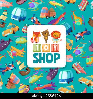 Seamless pattern with illustrations of different toys transport, car and ship, helicopter and submarine vector. Seamless pattern with illustrations of different toys Stock Vector