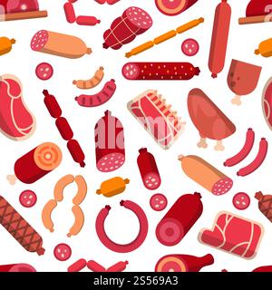 Seamless pattern with pictures of meat products. Pictures for butcher shop. Vector sausage and wurst, food pork natural illustration. Seamless pattern with pictures of meat products. Pictures for butcher shop Stock Vector
