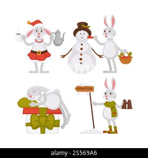 Adorable Christmas rabbits with basket full of carrots, huge gift box, pair of binoculars and hot teapot, funny snowman in tall hat with holly plant isolated vector illustrations on white background.. Adorable Christmas rabbits and funny snowman in tall hat Stock Vector
