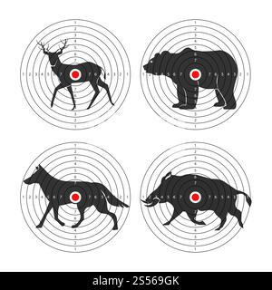 Hunting animals targets vector icons for hunt shooting training background template. Vector set of hunter target aims for bear, wolf or aper hog and deer or elk hunt shooting training. Hunting animal targets vector icons template for hunt training Stock Vector