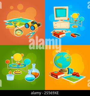 Collection of geography and science tools. Astronomy study, binoculars and compass, sextant instrument. Vector illustration. Collection of geography and science tools Stock Vector