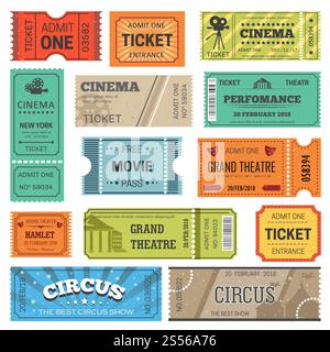 Tickets design templates for movie, theater or cinema and circus or show. Vector retro and modern colorful tickets for entrance admit to entertainment industry with dotted lines. Tickets vector design templates for movie, theater or cinema and circus or concert show Stock Vector