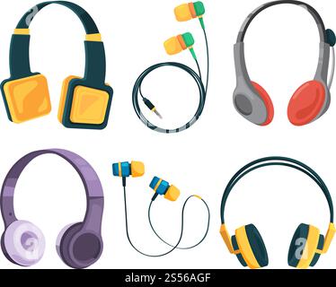 Vector collection set of different headphones. Illustrations in cartoon style. Equipment headset and stereo headphone, gadget accessory. Vector collection set of different headphones. Illustrations in cartoon style Stock Vector