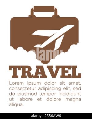 Travel agency poster or logo template of suitcase and airplane. Vector icon of travel bag with handle and flying aircraft for summer ocean beach vacation or tourism and journey company. Travel agency vector poster template of suitcase and airplane Stock Vector