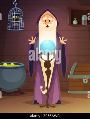 Cartoon background with accessories of wizard or magician. Wizard magician with magical ball illustration vector. Cartoon background with accessories of wizard or magician Stock Vector