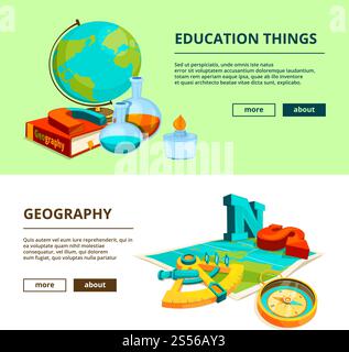 Horizontal banners with cartoon pictures of science and geography symbols. Education knowledge, learning in schoold. Vector illustration. Horizontal banners with cartoon pictures of science and geography symbols Stock Vector