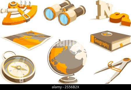 Vector monochrome symbols of exploration and geography. Equipment geography, sextant and compass, teaching technology astronomy illustration. Vector monochrome symbols of exploration and geography Stock Vector
