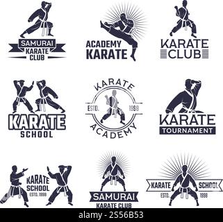 Design of martial sport labels set. Monochrome badges set isolate on white. Karate school or academy logotype, banner black white. Vector illustration. Design of martial sport labels set. Monochrome badges set isolate on white Stock Vector
