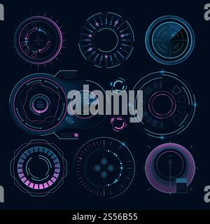 Futuristic digital graphics. Hud radial shapes for web interface information, electronic circular sphere, vector illustration. Futuristic digital graphics. Hud radial shapes for web interface Stock Vector