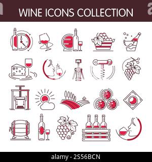 Wine icons vector collection set for winemaking or wine productions industry. Isolated winery wine glass or bottle and corkscrew opener, sommelier drink and vine vintage with grape in winepress. Wine icons vector collection set for winemaking or winery production industry Stock Vector