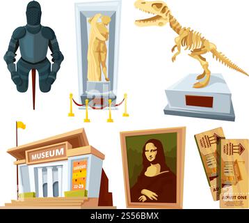 Set cartoon pictures of museum with exhibit pod and tools of various historical periods. Excursion exposition museum, exhibition composition, historical and archeology. Vector illustration. Set cartoon pictures of museum with exhibit pod and tools of various historical periods Stock Vector