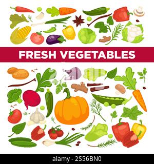 Fresh vegetables advertisement with organic healthy vegetarian products and greenery from farm full of vitamins isolated cartoon flat vector illustrations with sample text on white background.. Fresh vegetables advertisement with organic healthy vegetarian products and greenery from farm full of vitamins Stock Vector