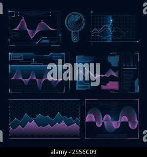 Digital music waves. Futuristic hud elements for user interface. Equalizer wave digital, electronic graphic waveform, vector illustration. Digital music waves. Futuristic hud elements for user interface Stock Vector