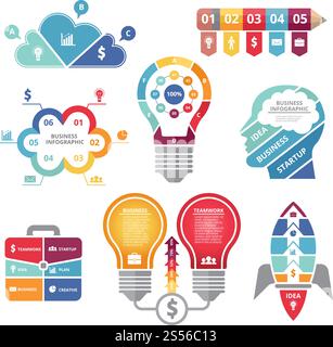 Infographics concepts with various shapes bulb, rocket, business case and profile of head. Vector lightbulb and pencil form graphic illustration. Infographics concepts with various shapes bulb, rocket, business case and profile of head Stock Vector