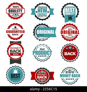 Original quality guarantee labels or logo templates for best product tags. Vector isolated star icons and ribbons for 100 percent money back and satisfaction guaranteed. Original quality guarantee labels templates for best product tags vector icons Stock Vector