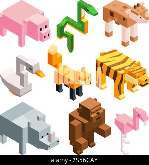 Vector pictures set of funny stylized animals. Isometric illustrations. Tiger and swan, snake and gorilla, flamingo and rhinoceros. Vector pictures set of funny stylized animals. Isometric illustrations Stock Vector