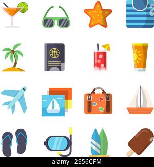 Travel icons set isolate on white. Tourism sign of collection, bag and airplane, journey and trip, vector illustration. Travel icons set isolate on white Stock Vector