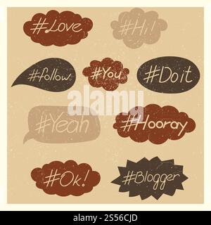 Vintage hand written hashtag words in speech bubble vector set. Hand written hashtag speech bubble Stock Vector