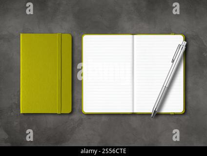 Olive green closed and open lined notebooks with a pen. Mockup isolated on dark concrete background. Olive green closed and open lined notebooks with Stock Photo