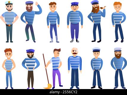 Sailor icons set. Cartoon set of sailor vector icons for web design. Sailor icons set, cartoon style Stock Vector