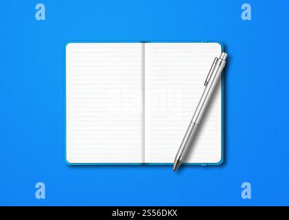 Cyan open lined notebook mockup with a pen isolated on blue background. Cyan open notebook with a pen isolated on blue background Stock Photo