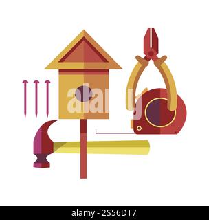 Handicraft made of wood with special tools set. Small birdhouse on stick, metal hammer, sharp pliers, convenient roulette and thin nails cartoon flat vector illustrations on white background.. Handicraft made of wood with special tools set Stock Vector