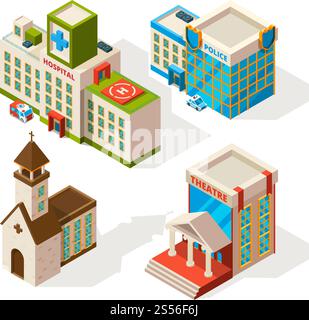 Isometric pictures of municipal buildings. Vector 3d architecture isolate on white. Illustration of police and hospital, church and theatre. Isometric pictures of municipal buildings. Vector 3d architecture isolate on white Stock Vector