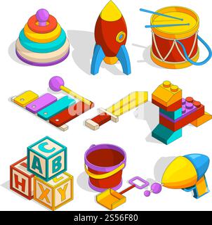 Isometric preschool children toys. Game for child, play and toy for kindergarten, drum rocket and block. Vector illustration. Isometric preschool children toys Stock Vector