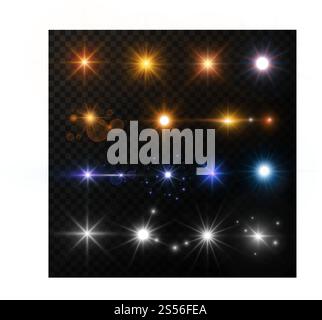 Light and stars shine golden white or blue neon lens flare effect. Vector isolated set of sunshine light flashes and sparkles with glare beams and twinkling glitter lights on transparent background. Light and stars shine lens flare sun beams glowing sparkles vector isolated gold and neon icons Stock Vector