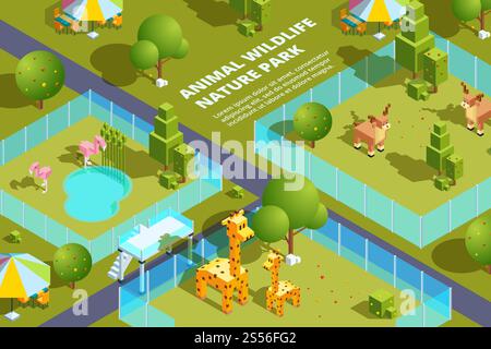 Landscape of zoo with various animals. Stylized vector isometric illustrations. Animal deer and flamingo, giraffe in green park. Landscape of zoo with various animals. Stylized vector isometric illustrations Stock Vector