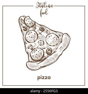 Pizza sketch icon for Italian pizzeria or food cuisine menu design. Vector sketch of Italy traditional pizza slice with sausage or mushrooms and cheese for restaurant or fast food cafe meals. Pizza sketch vector icon for pizzeria or Italian cuisine food menu design Stock Vector