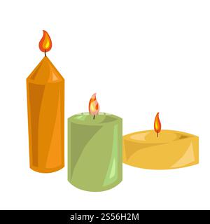Lighted aromatic candles of long and thin round shapes made of colored wax with small flames for relaxation and healthy spa procedures isolated cartoon flat vector illustration on white background.. Lighted candles made of wax with small flames Stock Vector