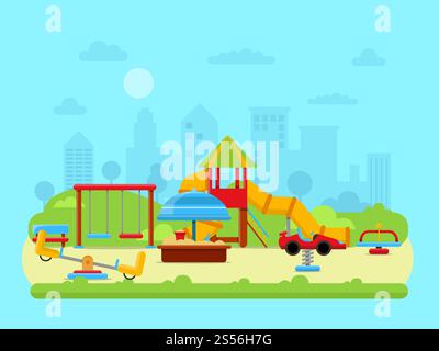 Vector illustration of urban landscape with park and childrens playground. Outdoor urban area with grass and swing. Vector illustration of urban landscape with park and childrens playground Stock Vector