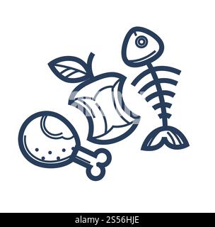 Food remnants as organic garbage sketches. Bitten chicken leg, ripe apple and fish skeleton. Recyclable rubbish isolated cartoon flat monochrome vector illustrations set on white background.. Food remnants as organic garbage minimalistic monochrome illustrations Stock Vector