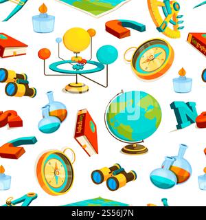 Science seamless pattern. Vector pictures of geography and science. Illustration of binoculars and sextant, burner and compass. Science seamless pattern. Vector pictures of geography and science Stock Vector