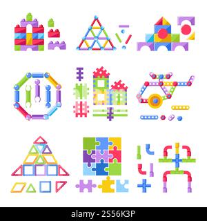Kid toy building kit or constructor toys flat icons. Vector isolated set of construction house, rocket or train and car, helicopter or airplane and and puzzle pipes. Kid toy constructor building kit for children playthings vector flat icons Stock Vector