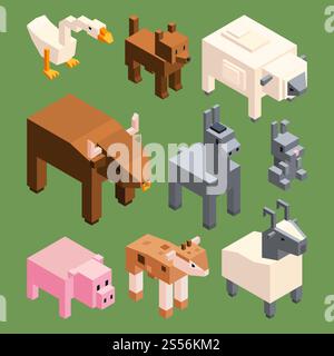 Isometric animals of farm. Vector stylized 3d animals isolate. Illustration of pig and goat, donkey and sheep. Isometric animals of farm. Vector stylized 3d animals isolate Stock Vector