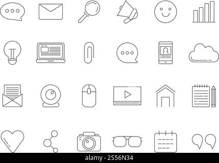 Mono line pictures set of various symbols for broadcasting, blogging and copyrighting. Linear media communication icons, video vlog. Vector illustration. Mono line pictures set of various symbols for broadcasting, blogging and copyrighting Stock Vector