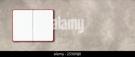 Red open lined notebook mockup isolated on concrete background. Horizontal banner. Red open lined notebook isolated on concrete background. Stock Photo