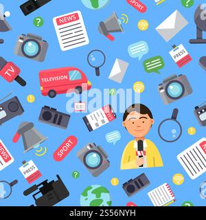 News attributes pattern. Broadcasting and news symbols. Seamless pattern journalism, journalist breaking, interview of television. Vector illustration. News attributes pattern. Broadcasting and news symbols Stock Vector