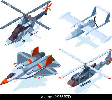 Aircraft isometric. Warplanes isolate on white. Vector airplane and helicopter isometric, 3d armed bomber and interceptor illustration. Aircraft isometric. Warplanes and helicopter isolate on white background Stock Vector