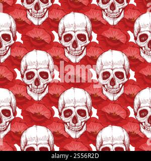 Human skull sketch and red poppy flowers seamless pattern illustration background. Human skull sketch and red flowers seamless pattern Stock Vector