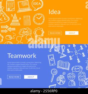 Vector business doodle icons horizontal web banners and poster illustration. Vector business doodle icons web banners illustration Stock Vector