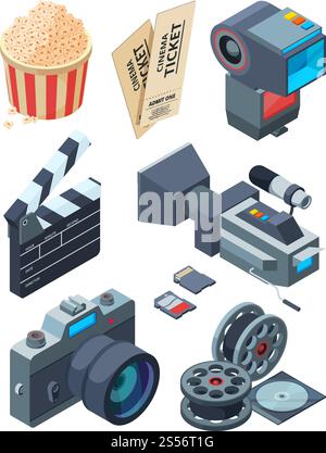 Isometric video cameras. Tools for video production. Vector clapboard and ticket illustration. Isometric video cameras. Tools for video production Stock Vector