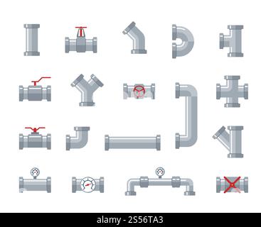 Pipe steel and plastic connectors, water tubes. Plumbing, pipeline parts and valves, industrial drainage system vector flat icons. Plumbing tube, connector pipeline, pipe for water, valve connection. Pipe steel and plastic connectors, water tubes. Plumbing, pipeline parts and valves, industrial drainage system vector flat icons Stock Vector