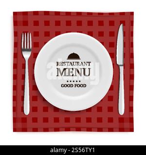 Realistic restaurant menu. Template menu with illustrations of tableware and cutlery knife and fork. Tableware plate for lunch, cutlery utensil. Vector illustration. Realistic restaurant menu. Template menu with illustrations of tableware and cutlery knife and fork Stock Vector